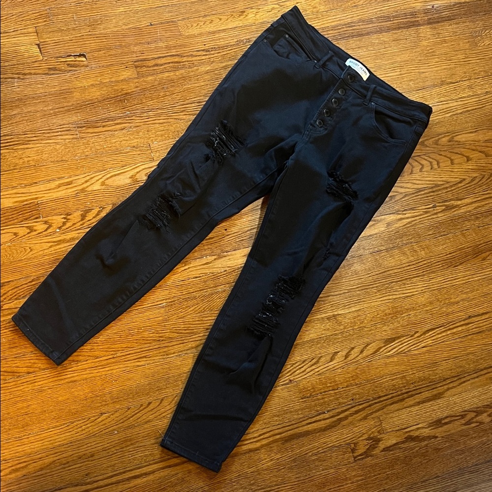 Black Distressed Hugh Waist Button Fly Skinny Jeans